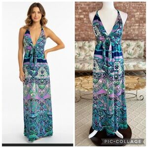 Alice & Trixie Maxi Dress Satin Halter Purple Print Low V-Neck M Retro